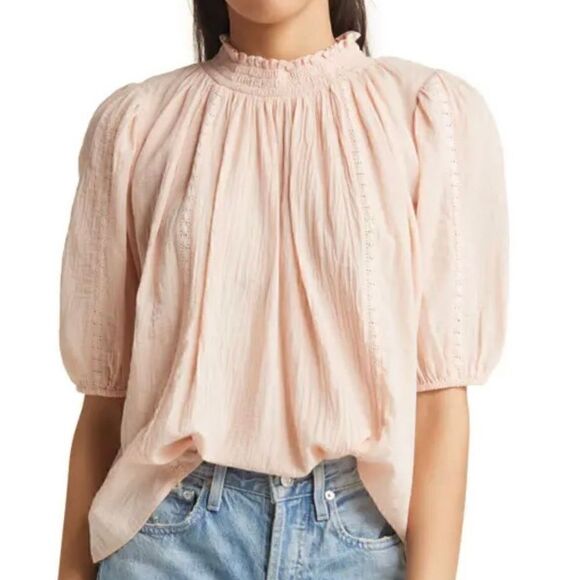 Treasure & Bond Smocked Lace Inset Gauzy Blouse Pink Smoke Women Small NWT - Picture 1 of 11
